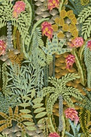 tropical lounge with dragon fruit emerald wallpaper
