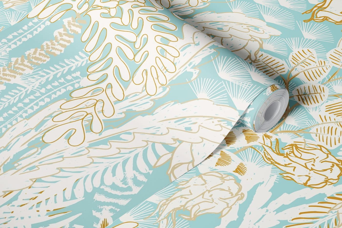 tropical lounge warm white and aqua wallpaper roll