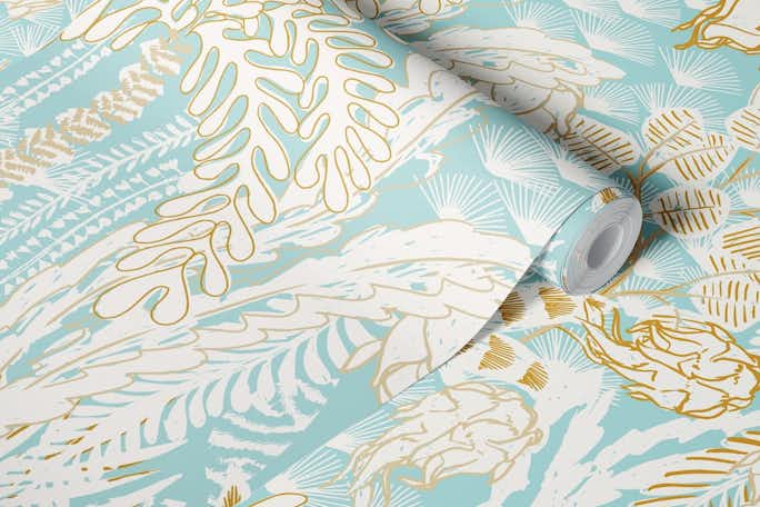 tropical lounge warm white and aquawallpaper roll