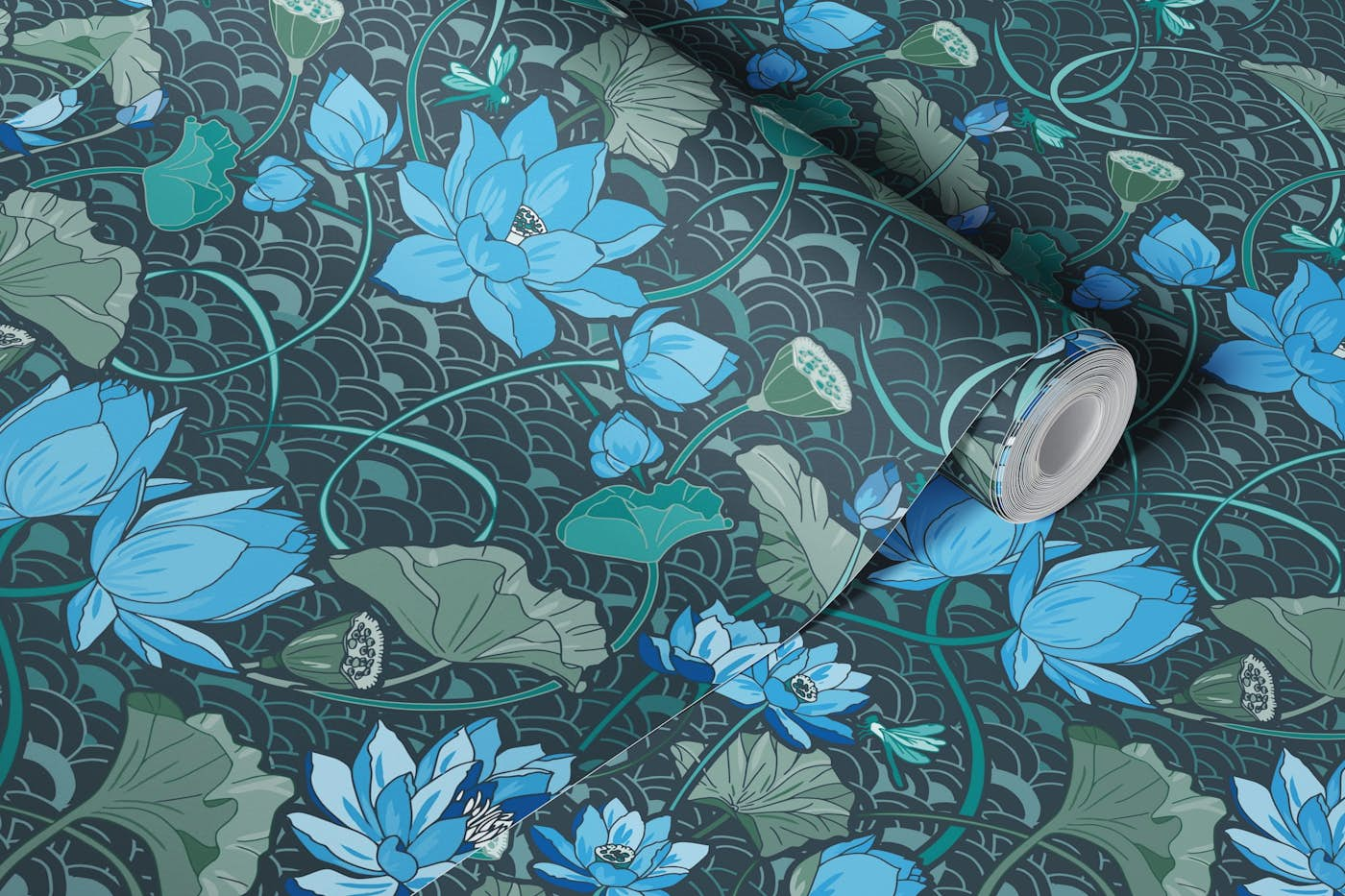 Lotos damask teal wallpaper roll