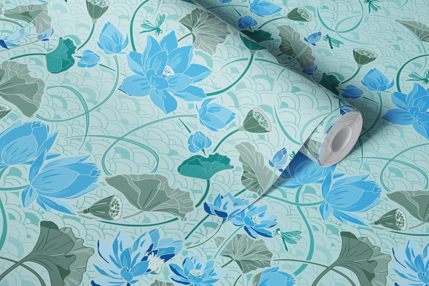 Lotos damask aqua wallpaper roll