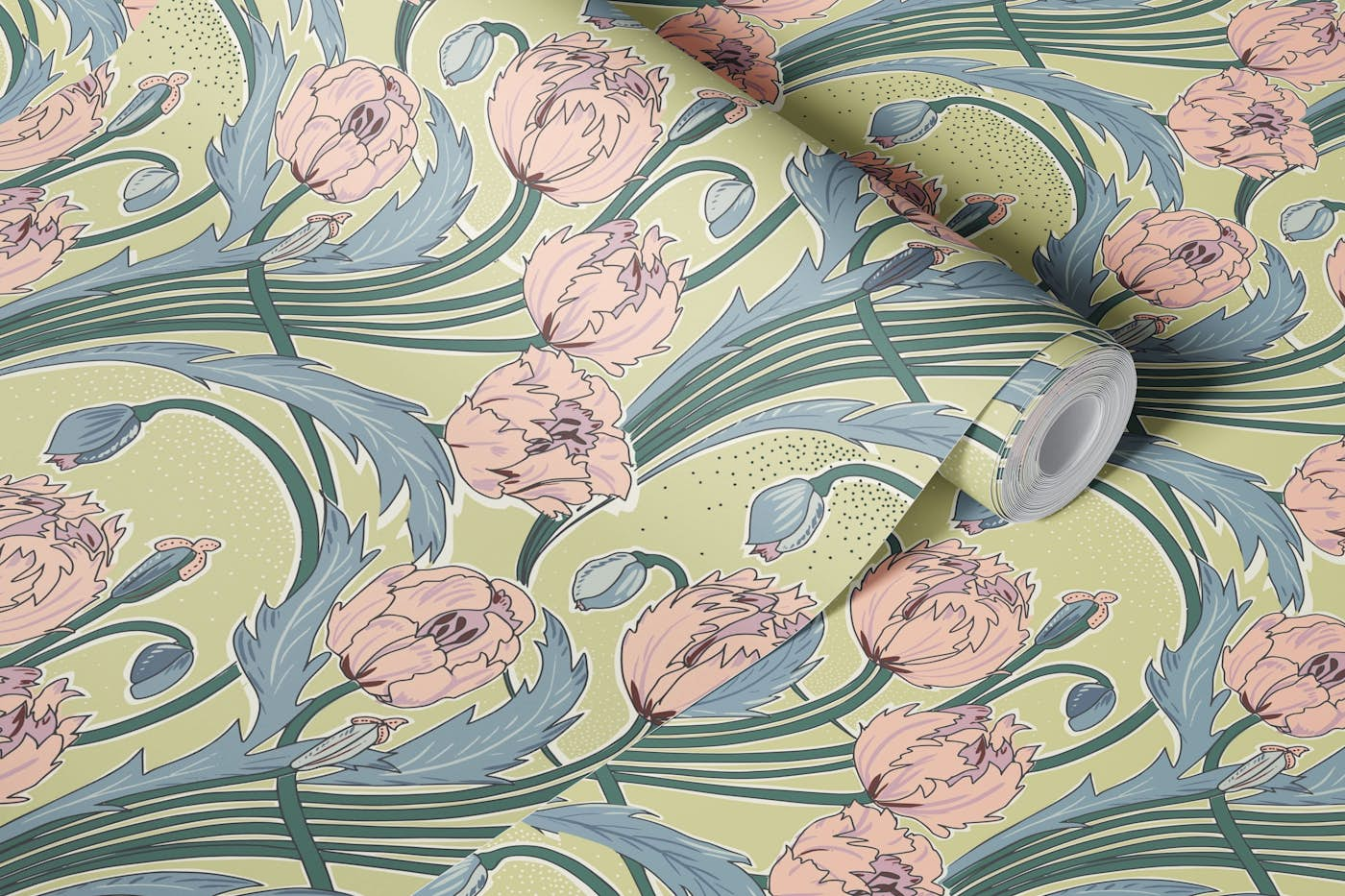 Bed of tulips pale green wallpaper roll