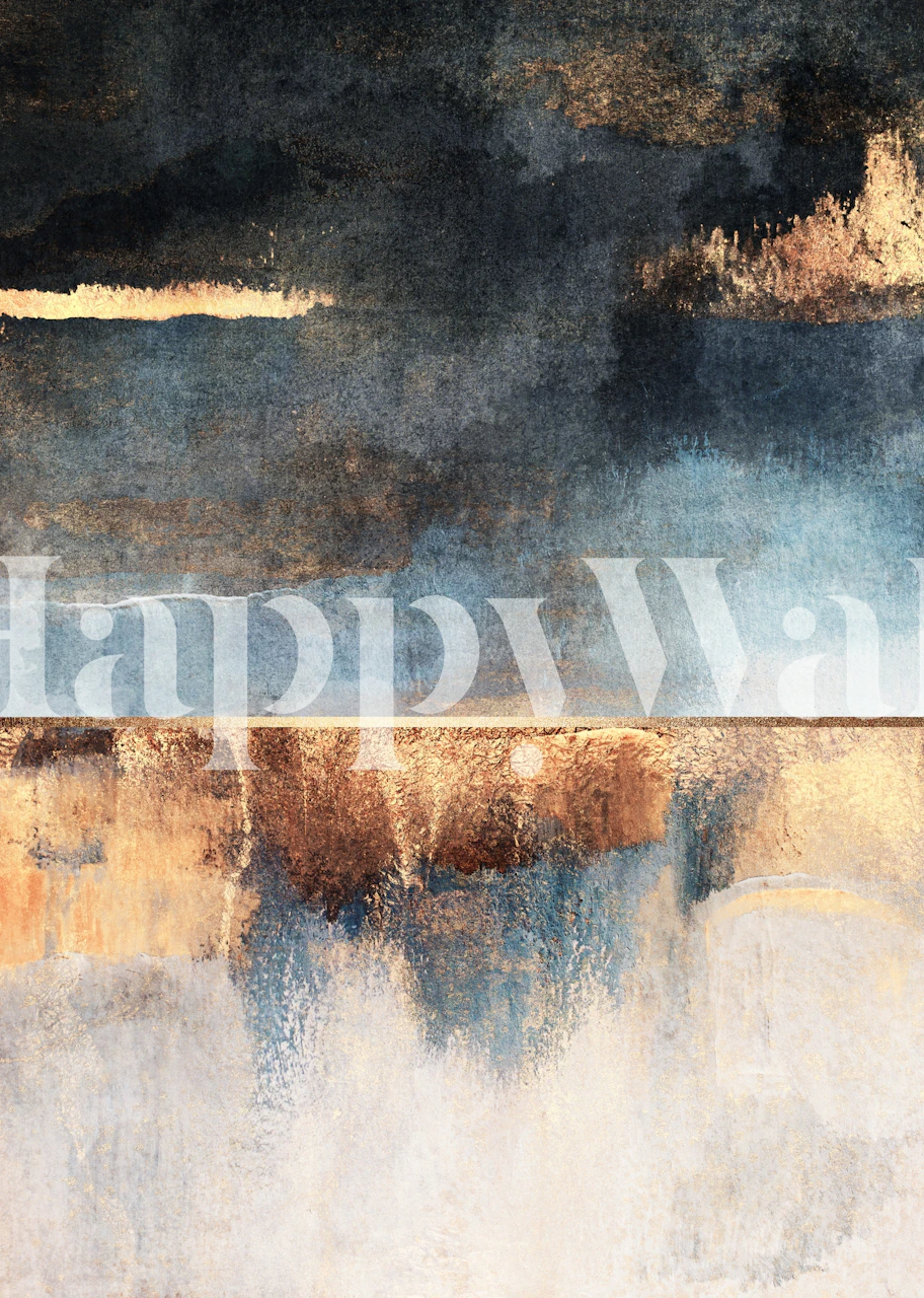 Abstract stormy landscape with dark blue, gold, and gray tones wallpaper