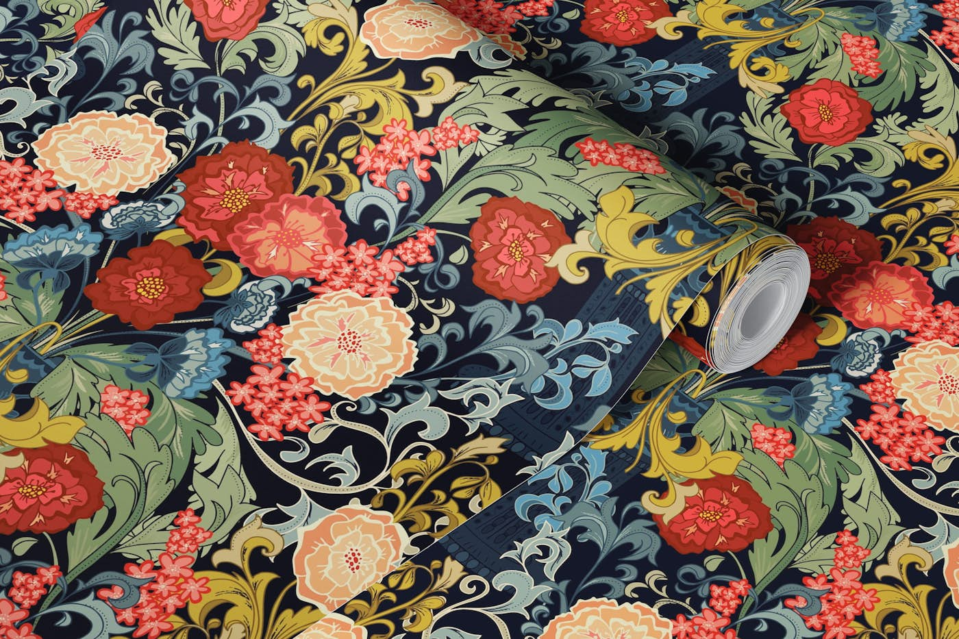 Victorian flower bouquet dark blue wallpaper roll