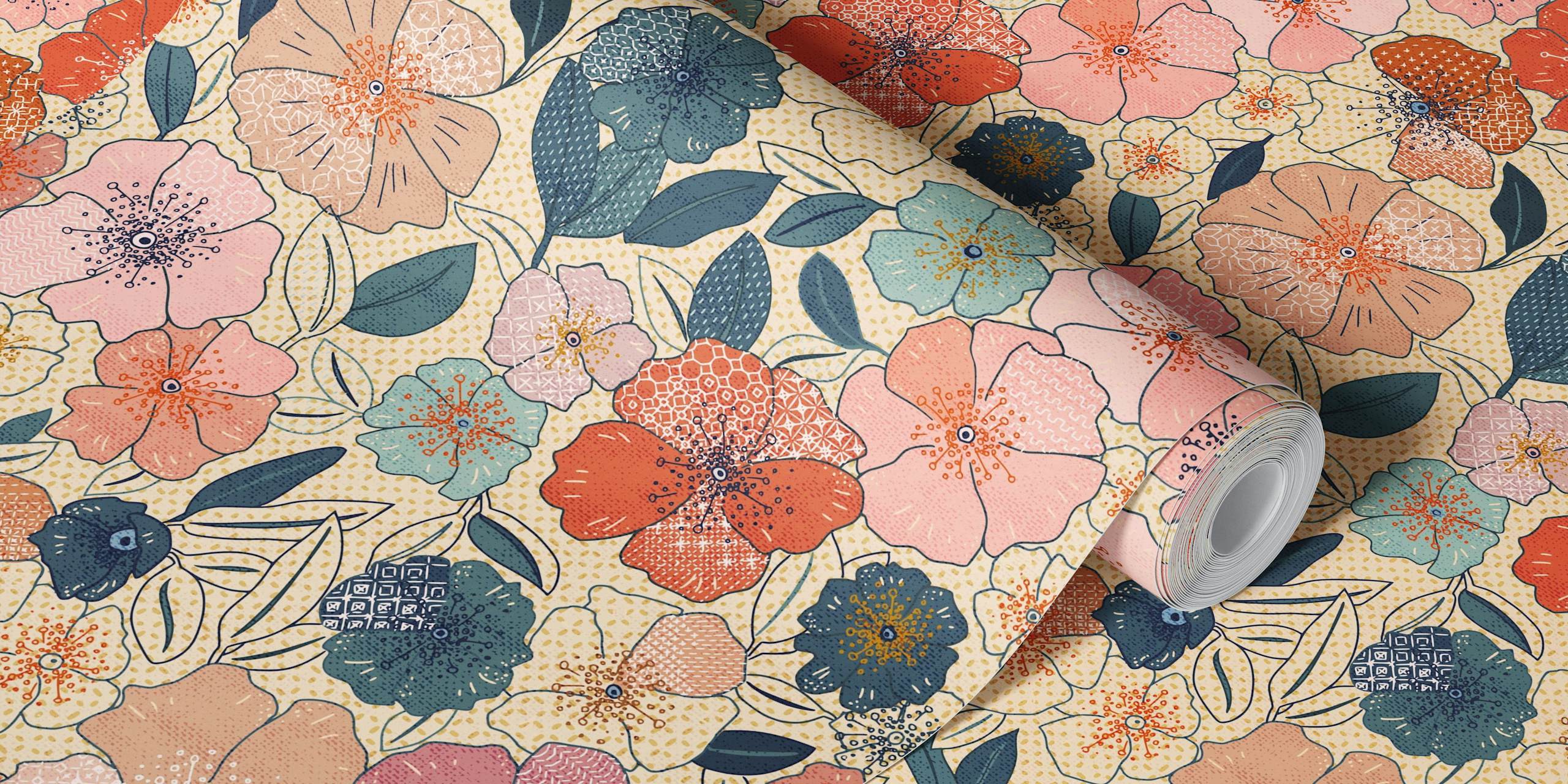 Colorful flowers with green leaves on ivory background wallpaper