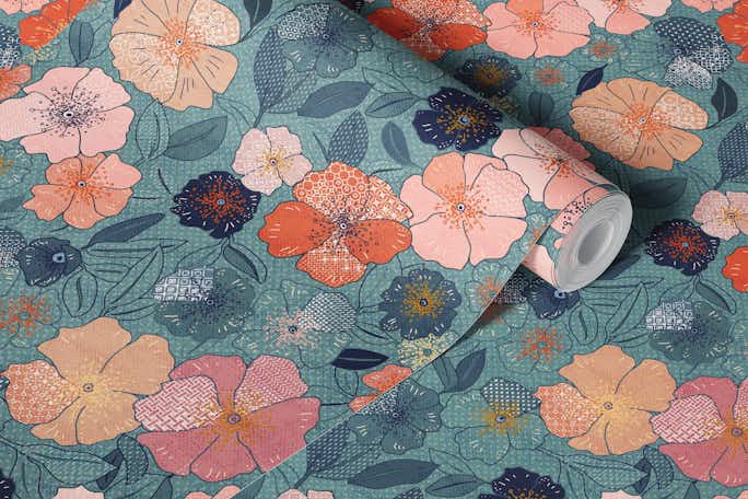 Cross Stitch flowers tealwallpaper roll