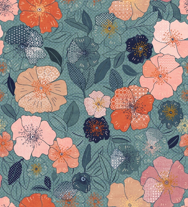 Cross Stitch flowers teal