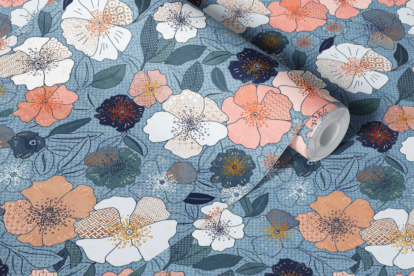 Cross Stitch flowers blue wallpaper roll