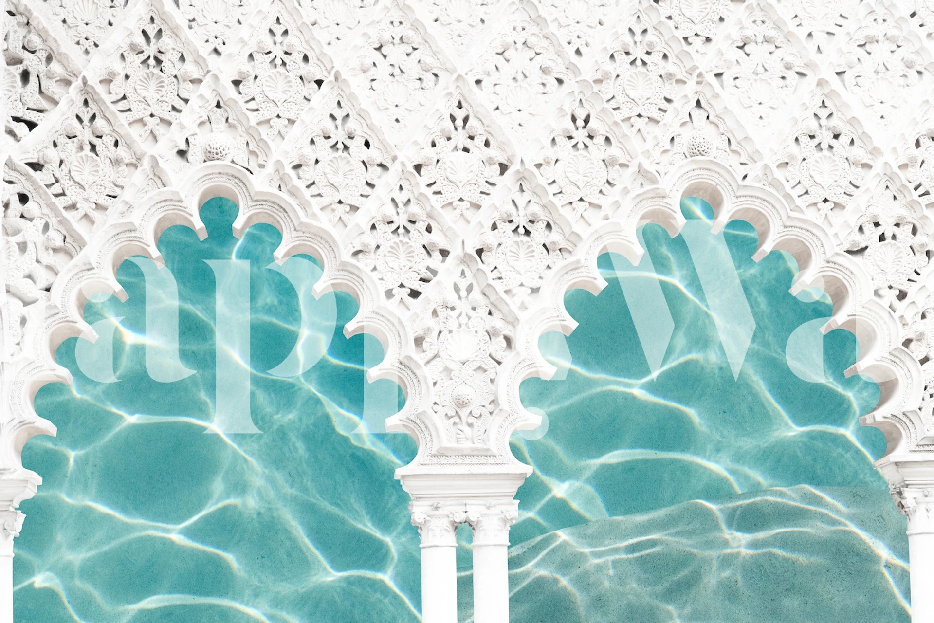 Turquoise pool reflections against a white patterned wall wallpaper