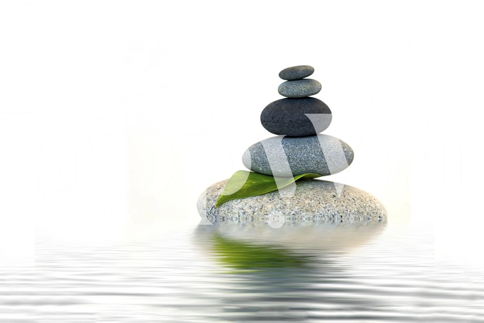 Zen-kivipino lehtiseinämaalauksella seesteisellä vesitaustalla