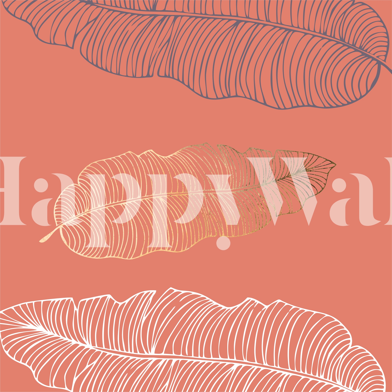 coral-orange-banana-leaves-pattern-wallpaper-happywall