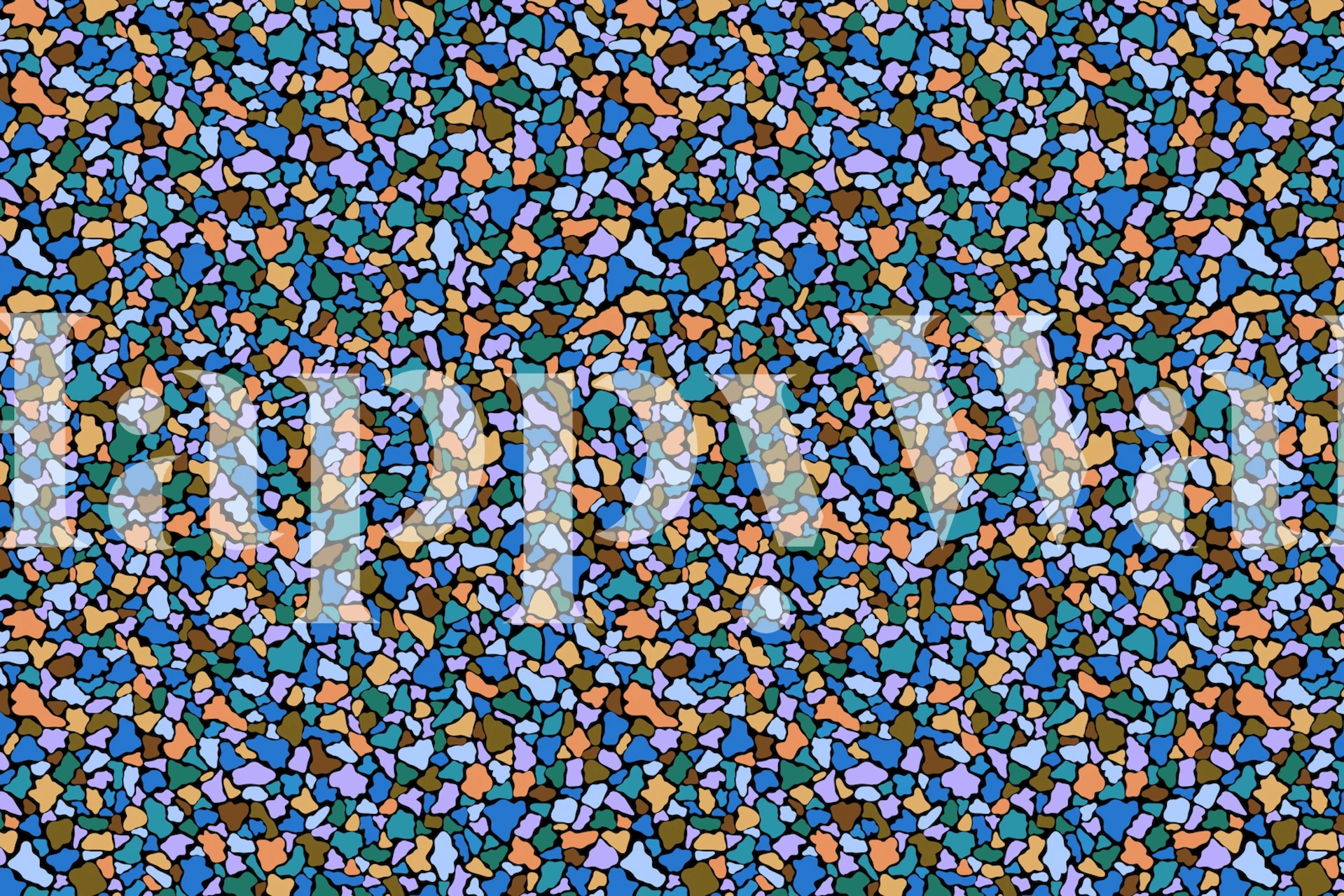 Abstract colorful mosaic wall mural with blue, orange, and green hues.