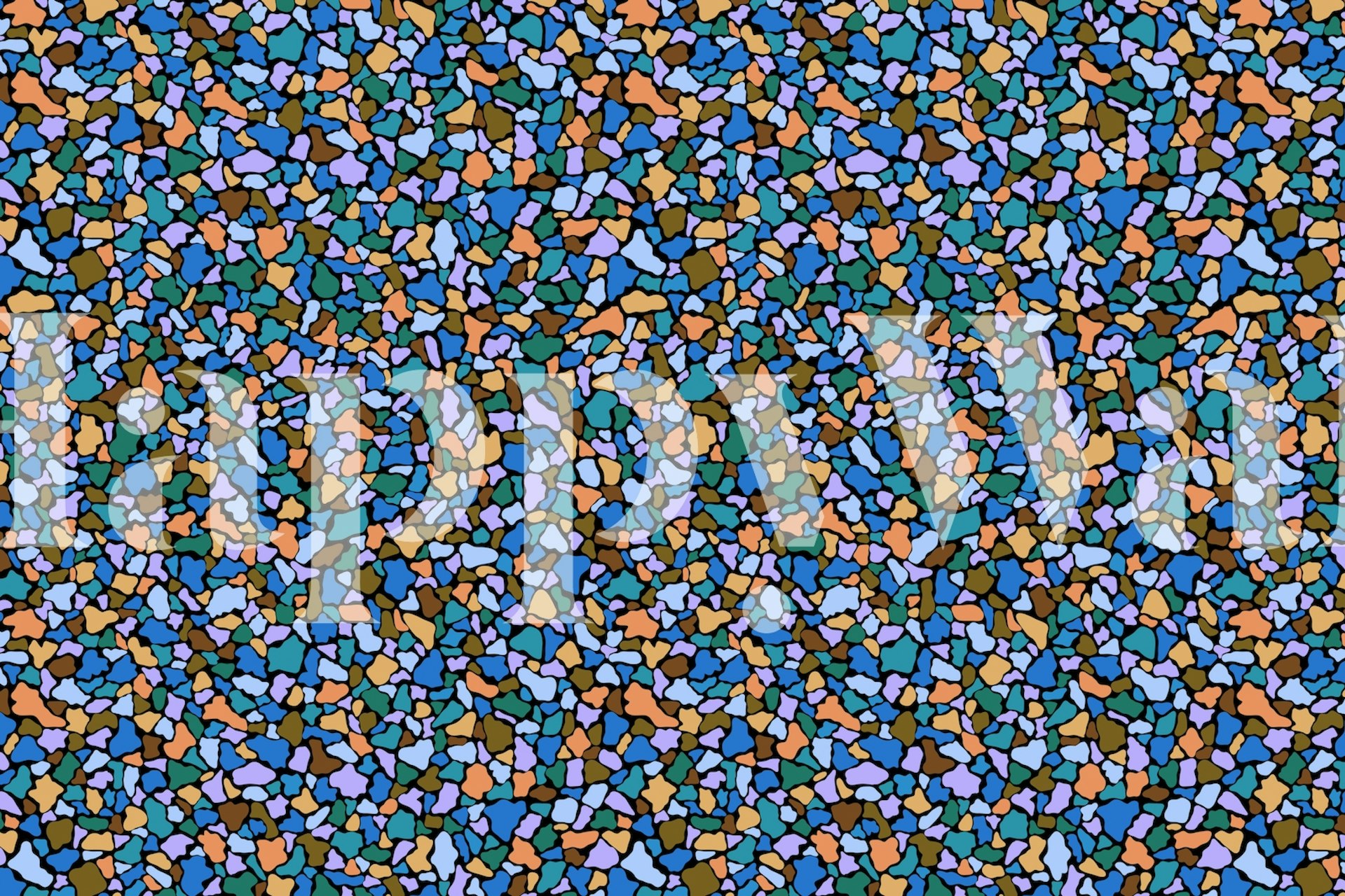 Abstract colorful mosaic wall mural with blue, orange, and green hues.