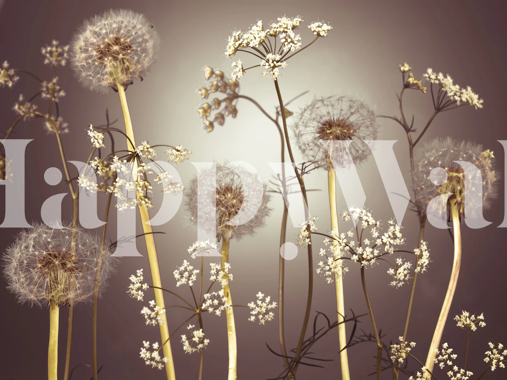 Dandelion and floral pattern in soft beige tones wallpaper