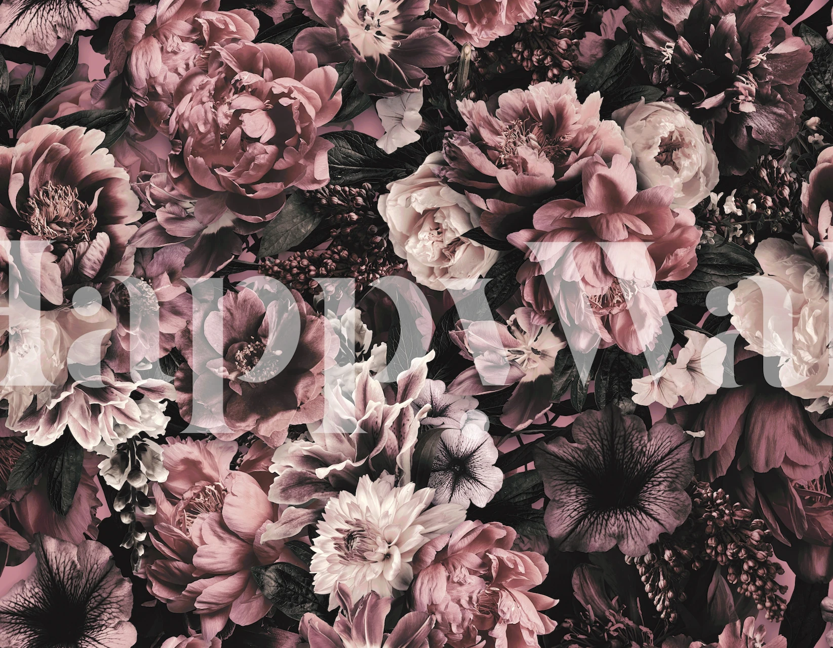 Blush pink floral wallpaper featuring various large flowers and leaves