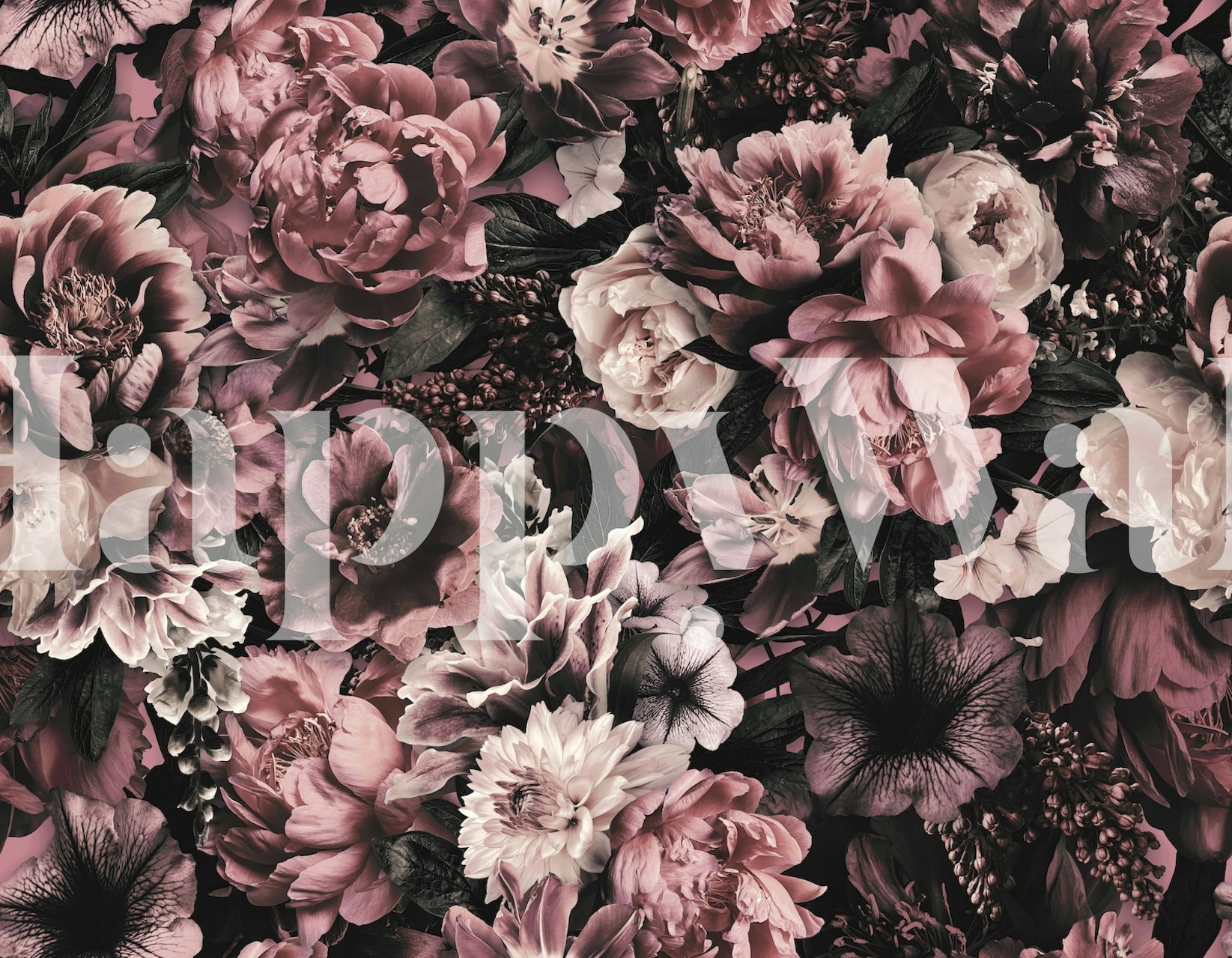 Blush pink floral wallpaper featuring various large flowers and leaves