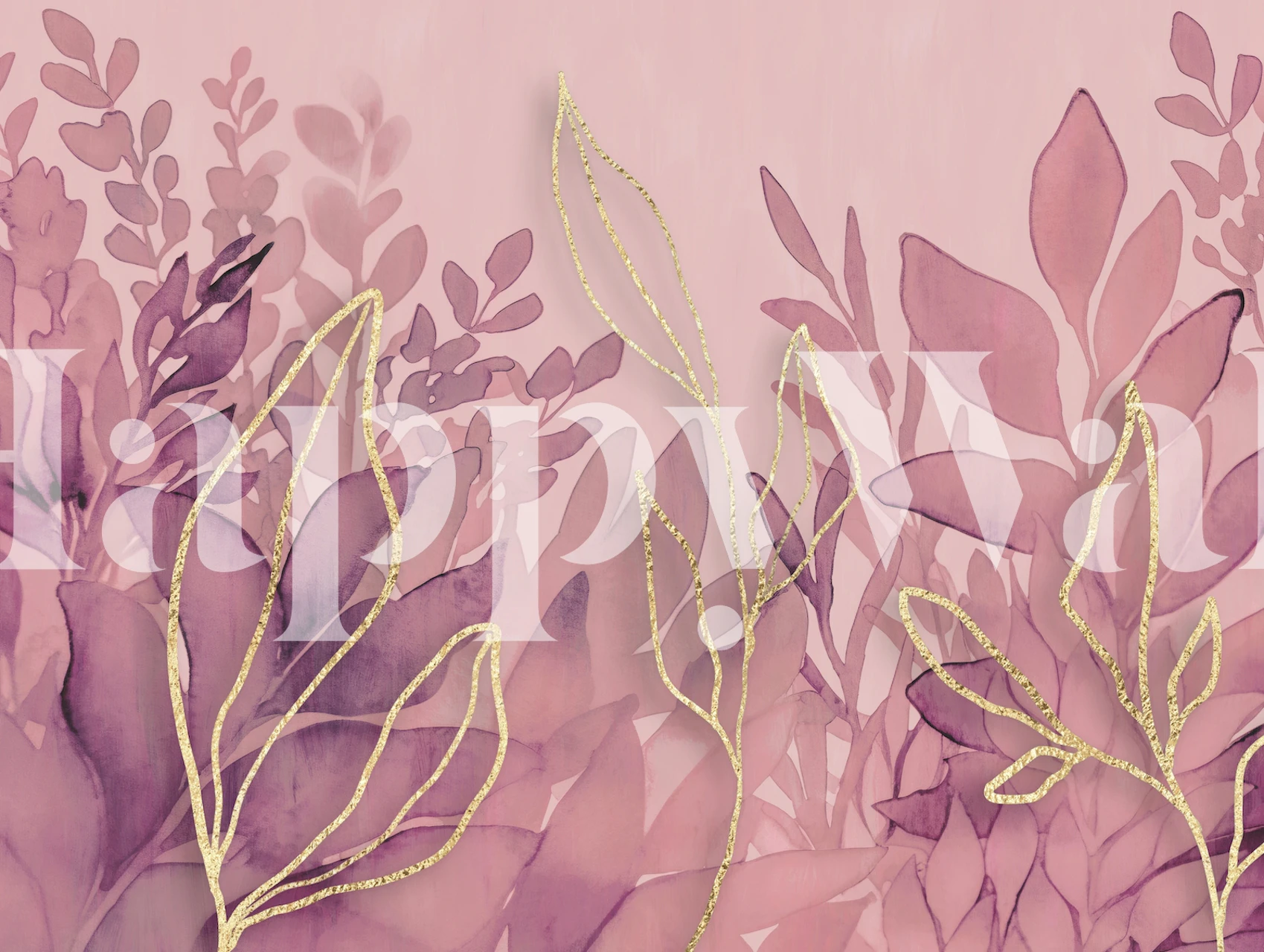 Pastel pink floral wallpaper featuring gold outlines of leaves and soft pink foliage