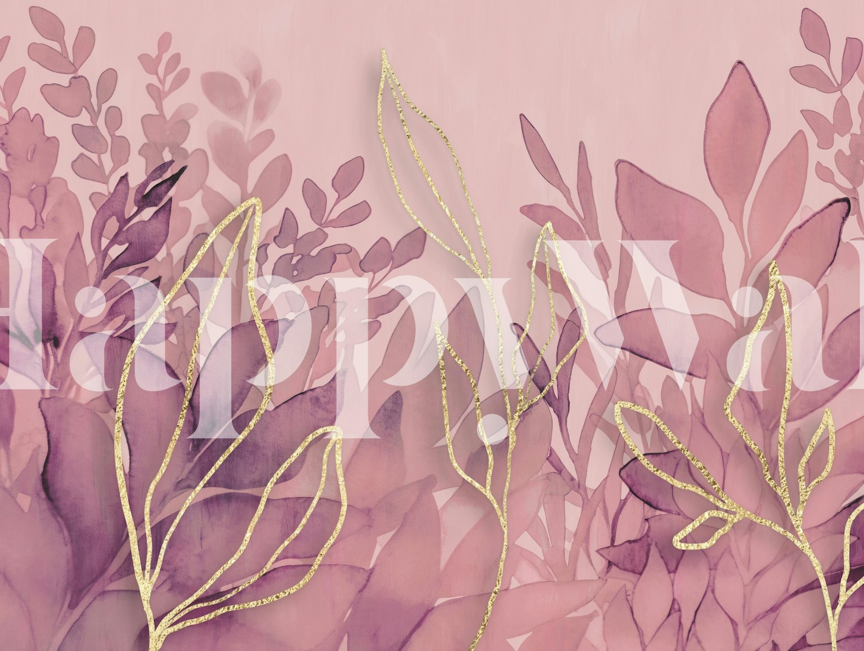 Pastellrosa guldlövverk tapet med rouge löv med guldkonturer på en mjuk rosa bakgrund