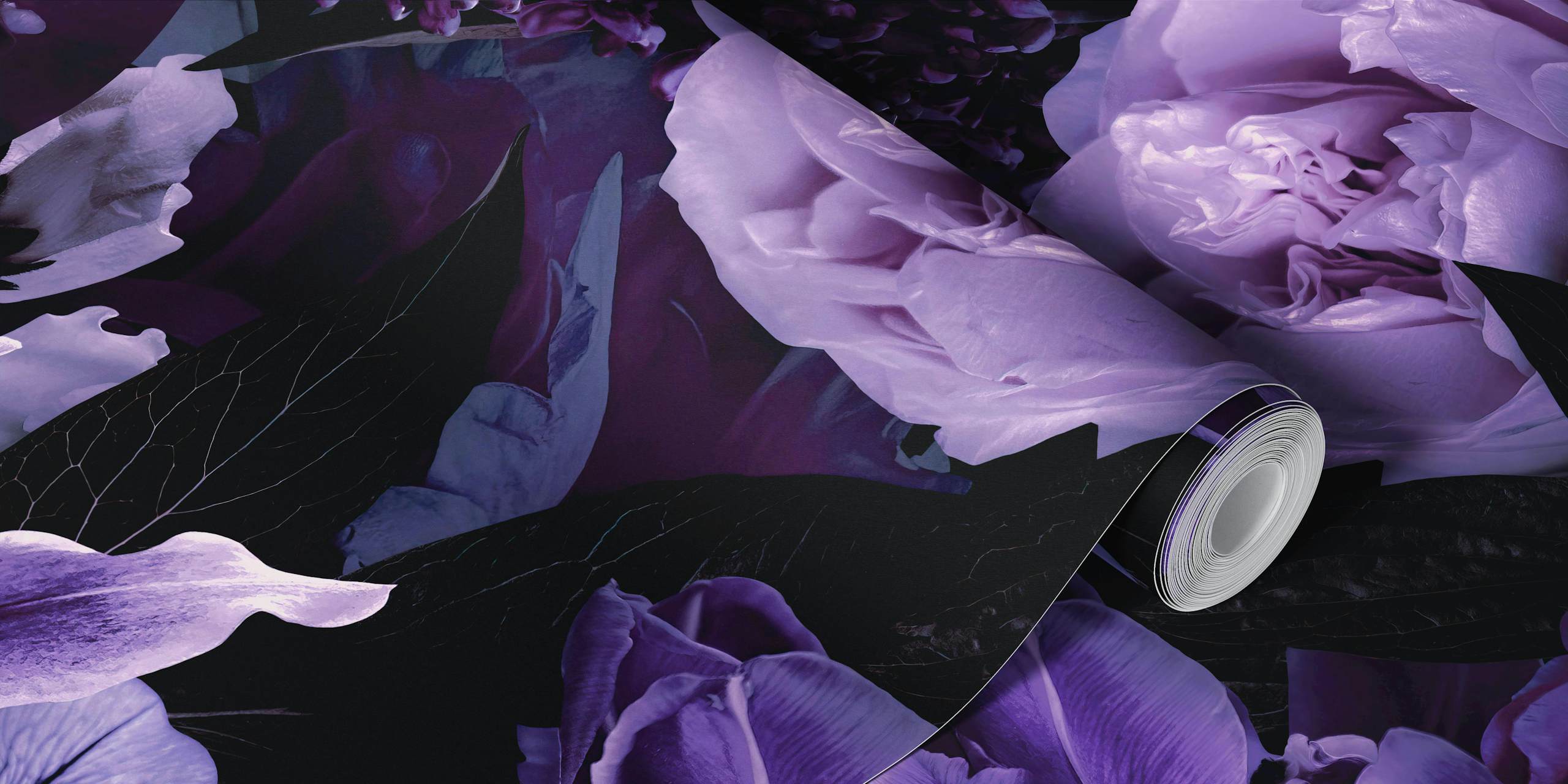 Rich purple floral wallpaper featuring various flowers and leaves in a dramatic style.