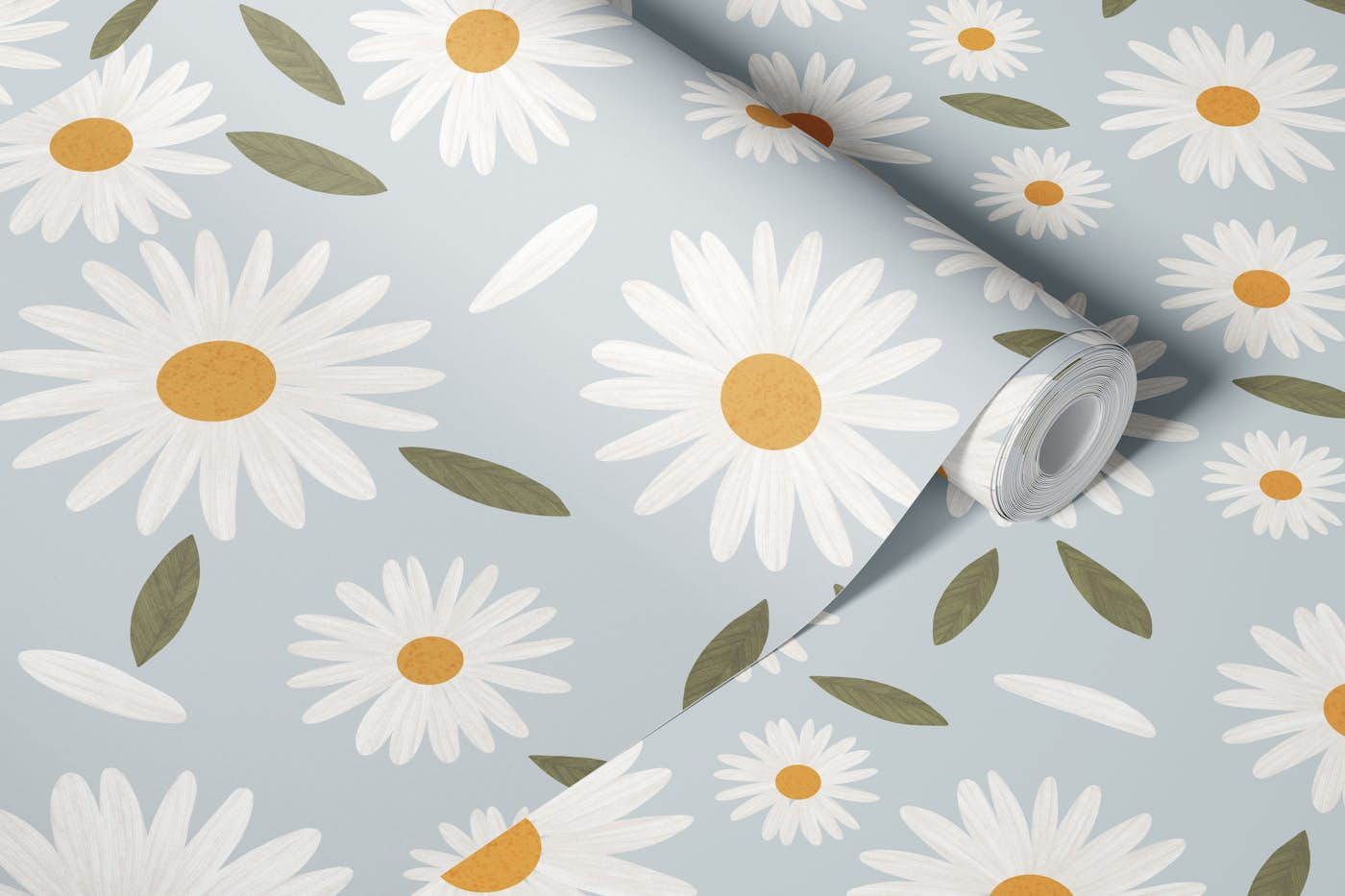 Daisies and blue wallpaper roll