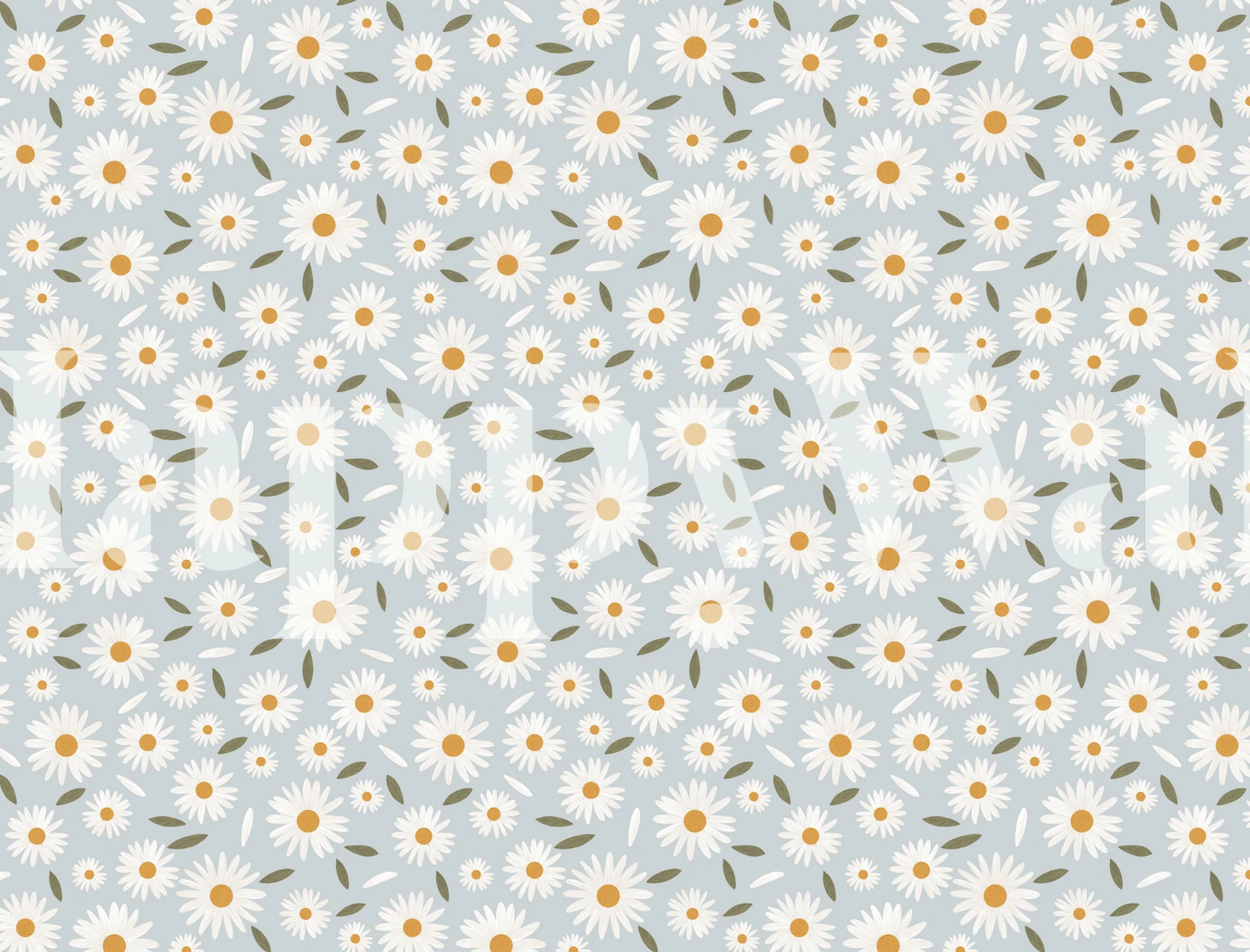 Daisies and blue floral wallpaper in room