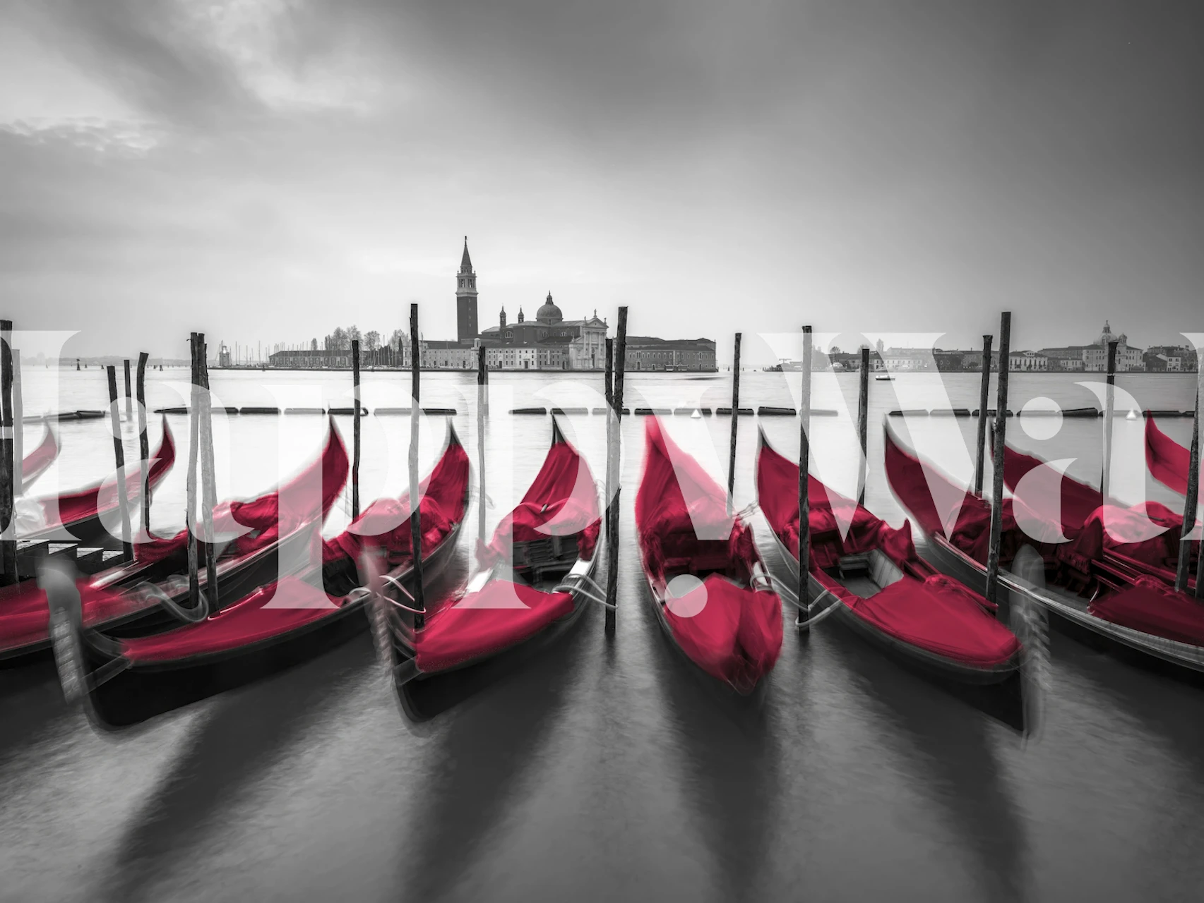 Black and white gondola wallpaper with red sails and urban backdrop