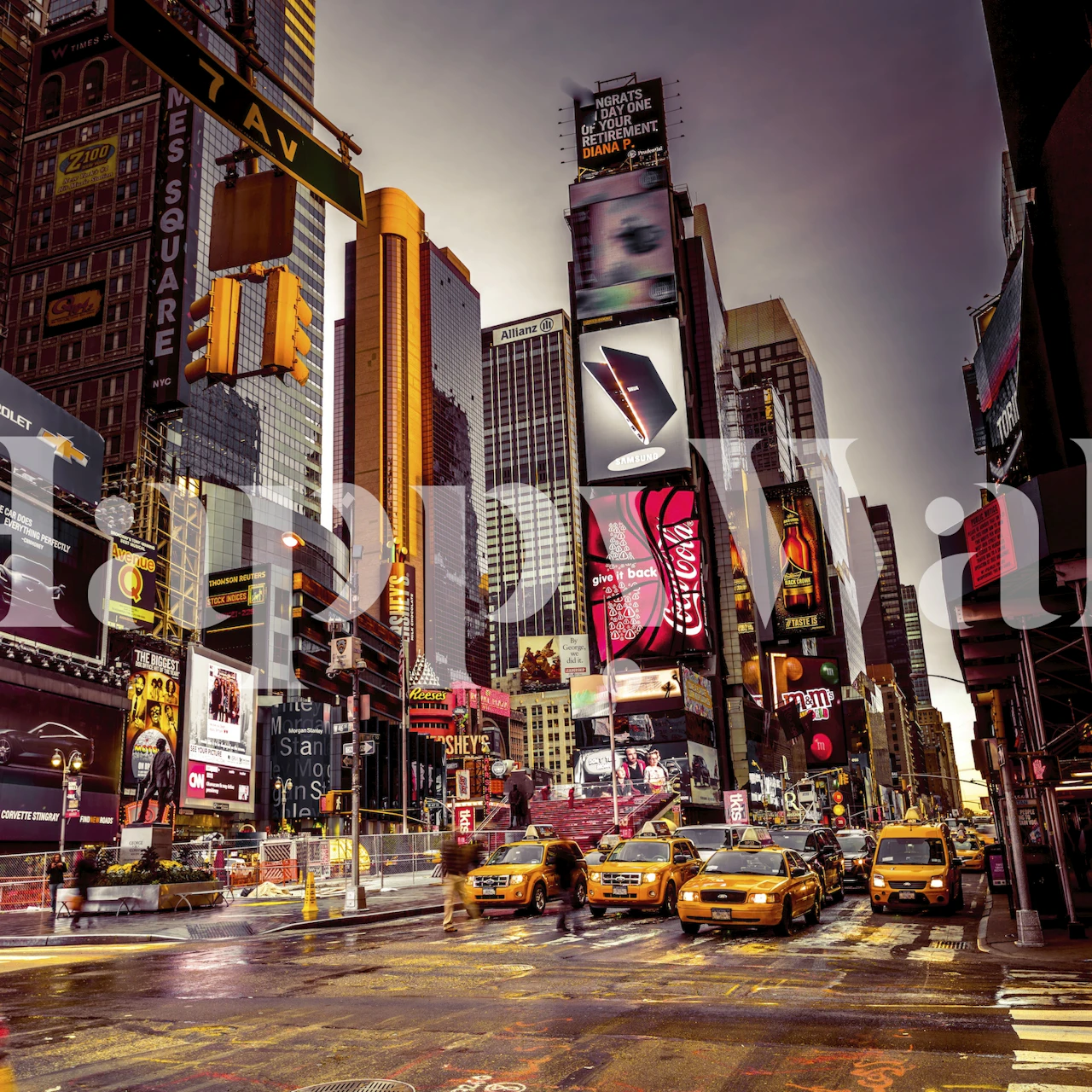 Cityscape mural with neon lights and buildings in urban setting wallpaper