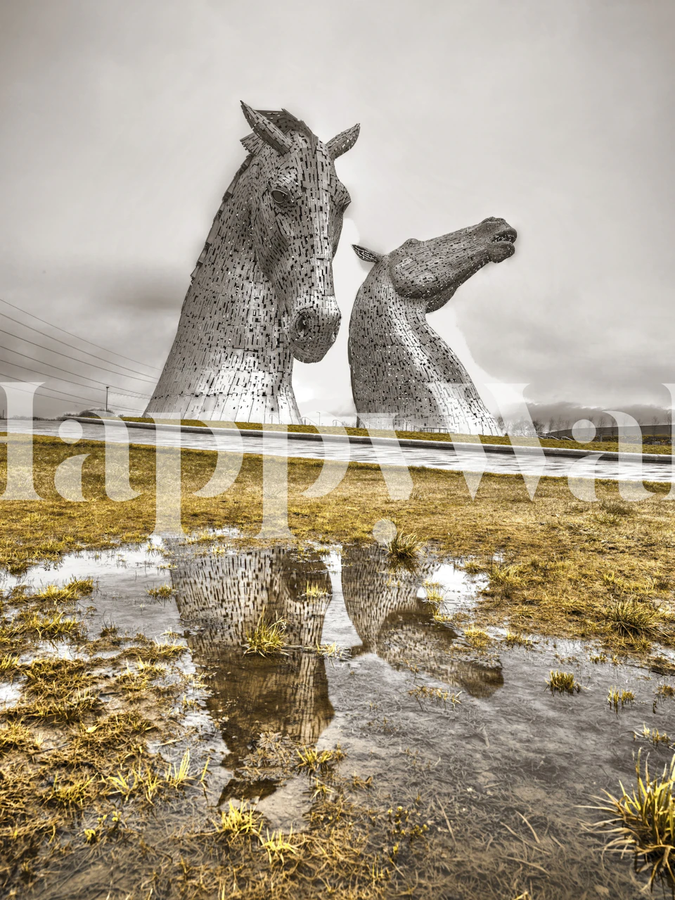 Sepia-toned wall mural of The Kelpies horse sculptures