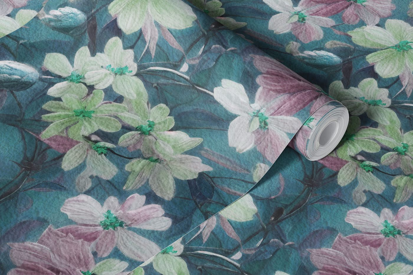 Apple blossom in Teal wallpaper roll