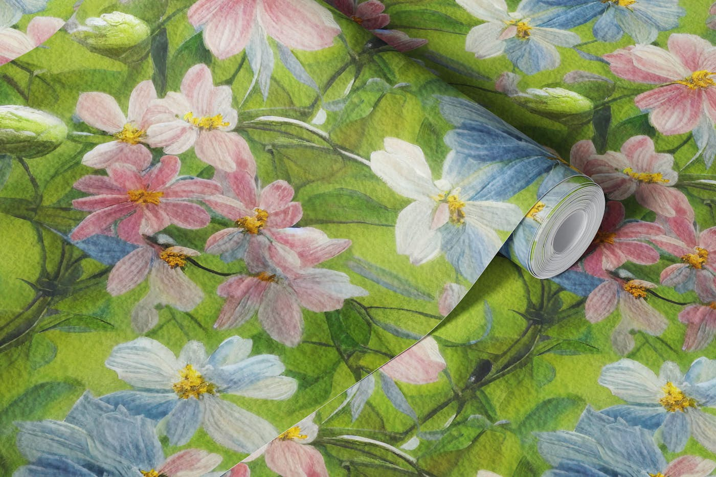 Apple Blossom in Spring Green wallpaper roll