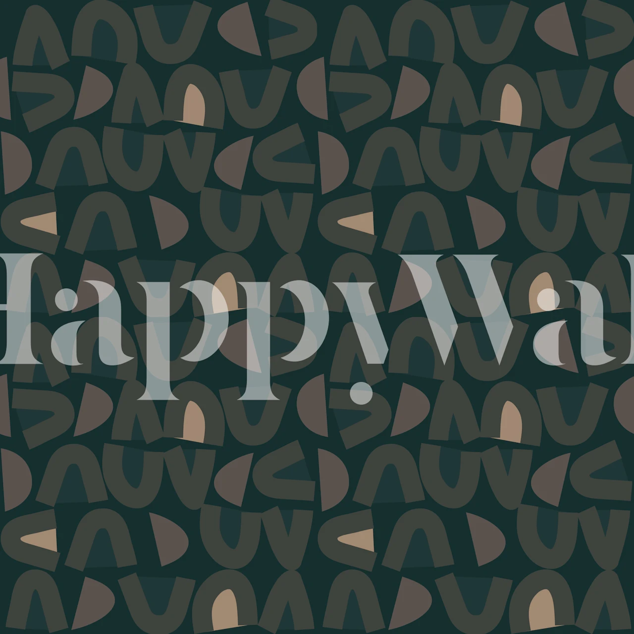 Abstract shapes in dark green, brown, and beige wallpaper