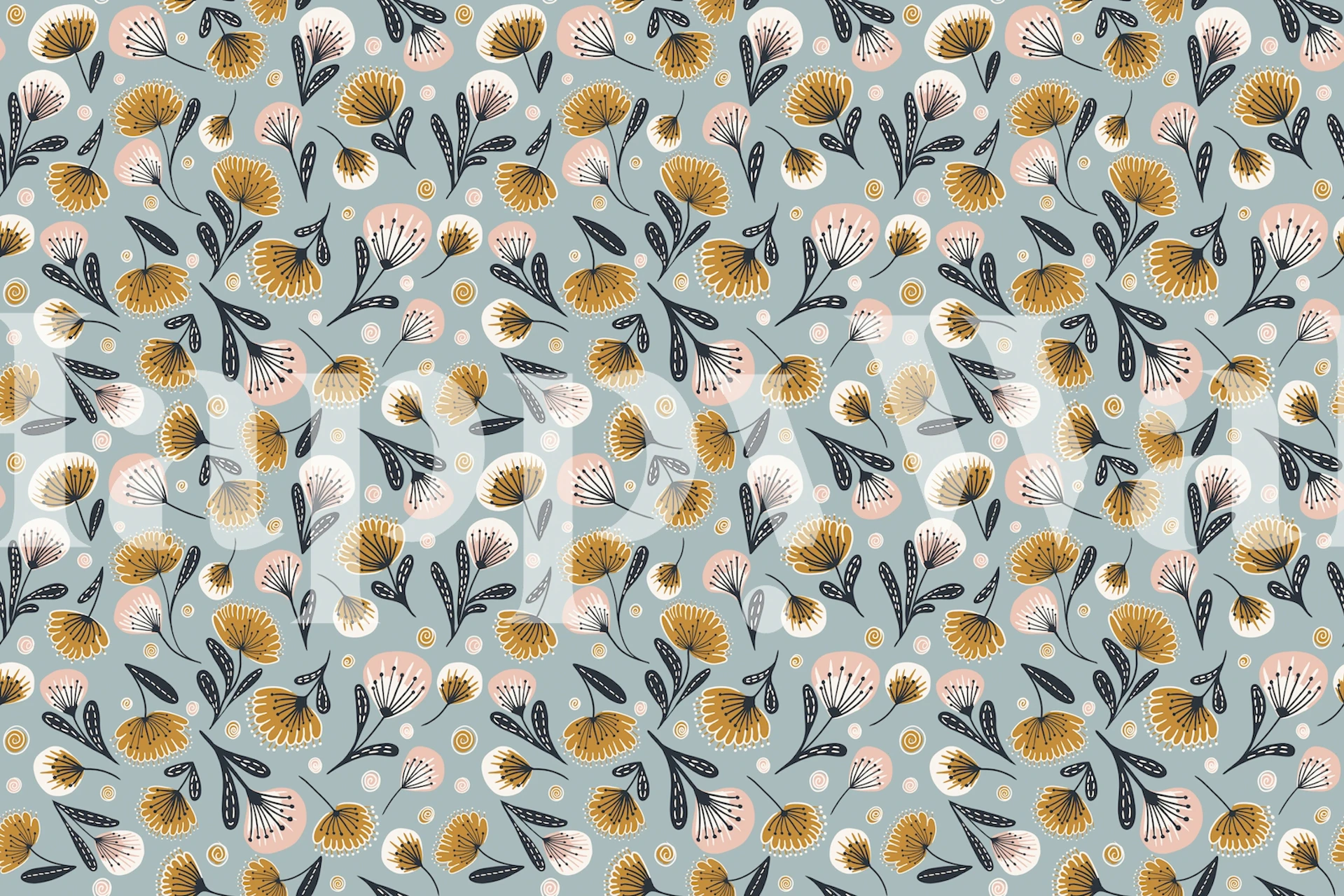 Blue wallpaper with vibrant floral patterns in pink and gold