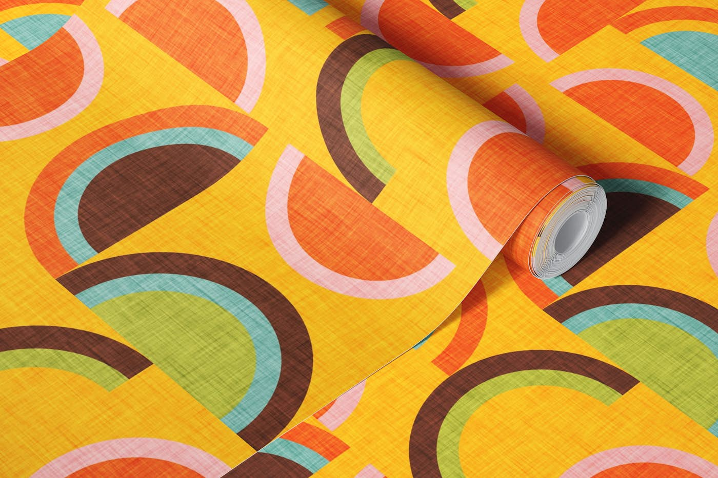 70s Semi-Rainbow Yellow - Mid Century Modern Geometry wallpaper roll