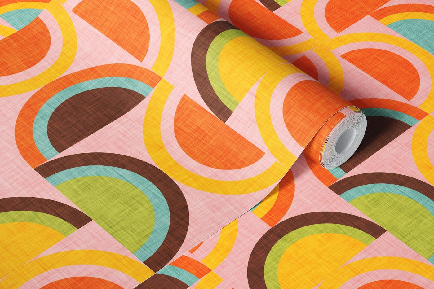 70s Semi-Rainbow Pink - Mid Century Modern Geometry wallpaper roll