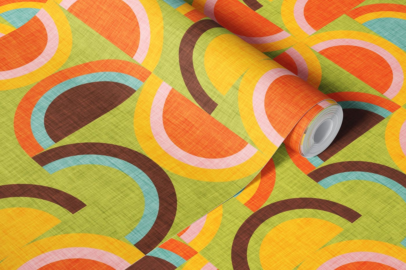 70s Semi-Rainbow Green - Mid Century Modern Geometry wallpaper roll