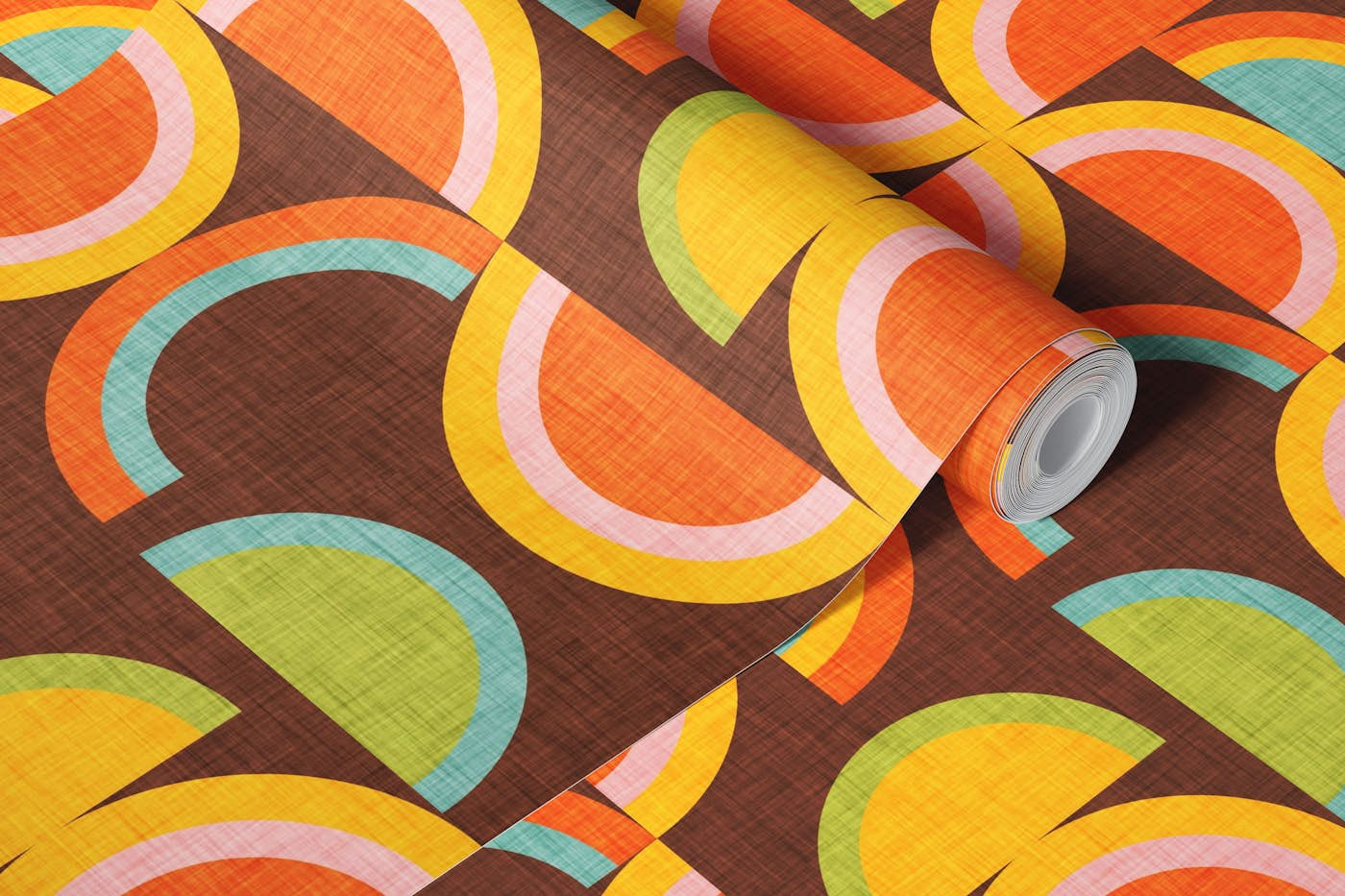 70s Semi-Rainbow Brown - Mid Century Modern Geometry wallpaper roll