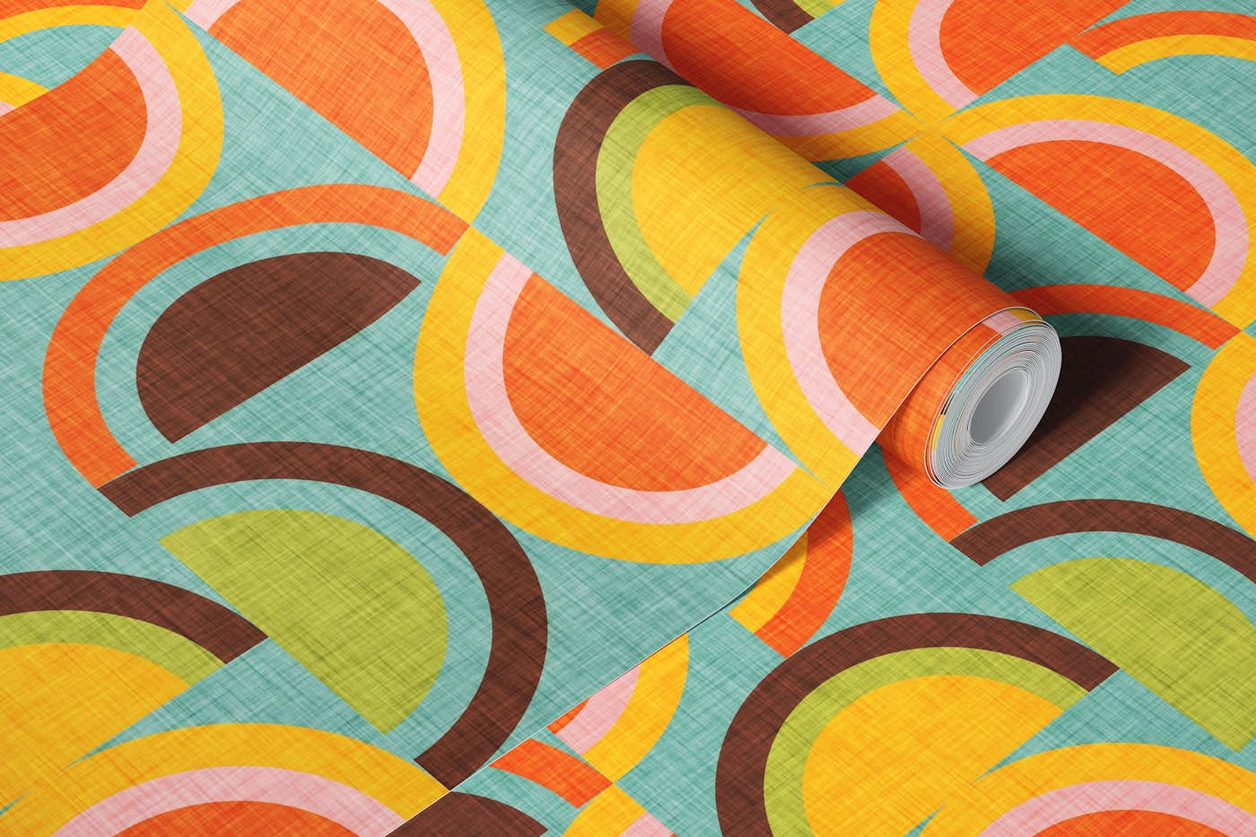 70s Semi-Rainbow Blue - Mid Century Modern Geometry wallpaper roll