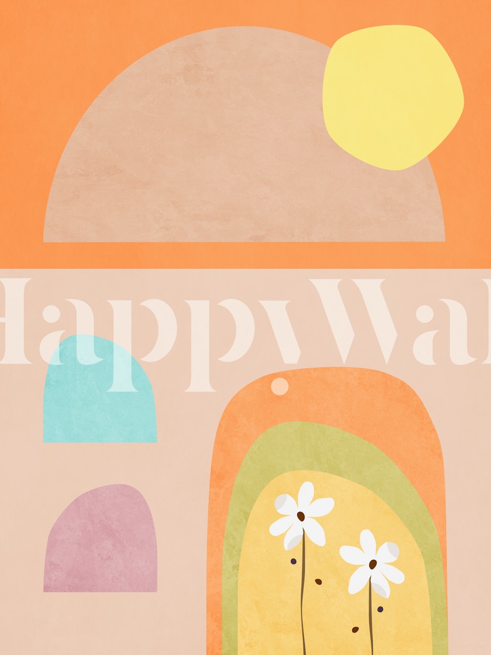 Abstrakt sommerhus og natur former vægmaleri i jordfarver