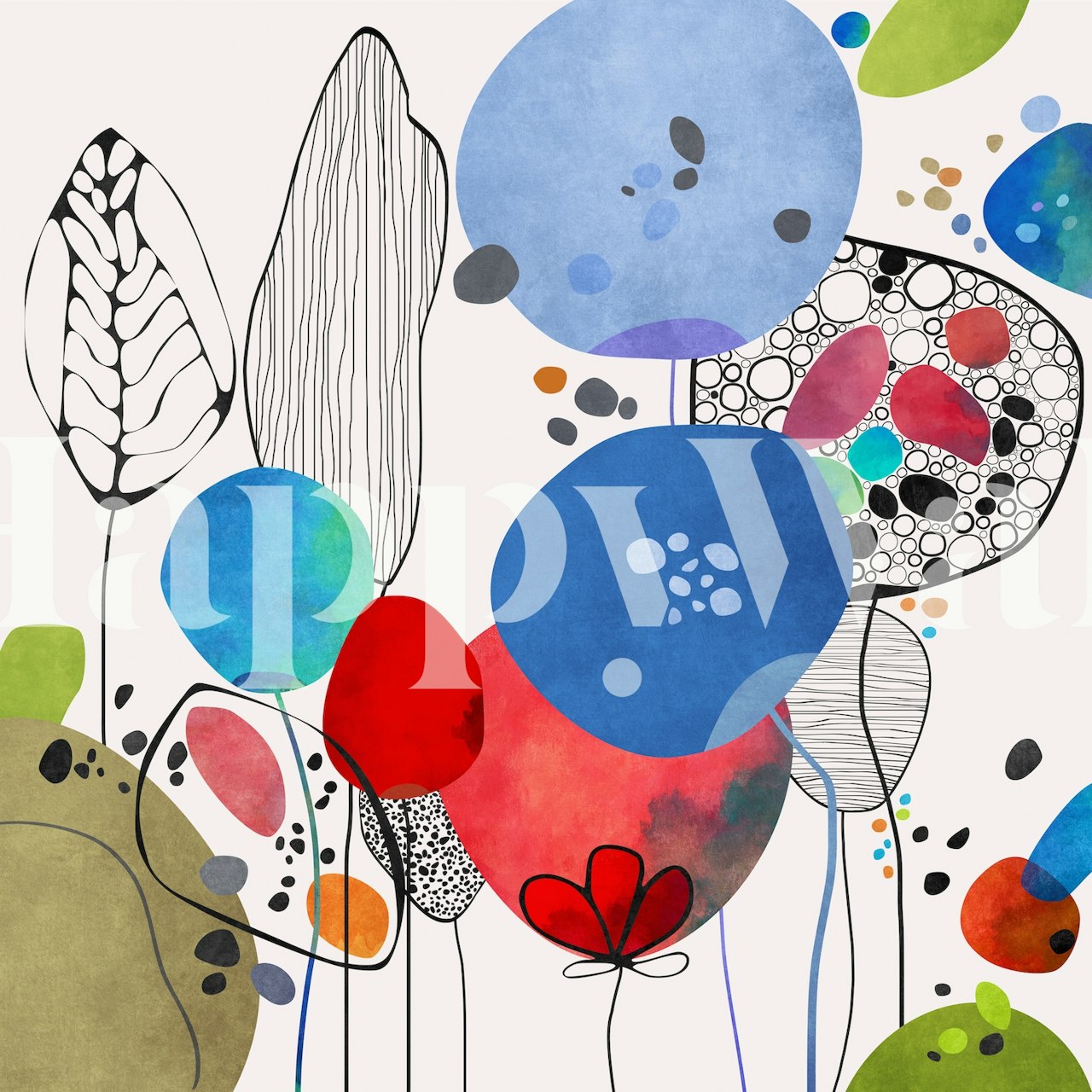 Colorful floral motifs with blue, red, green, and black lines wallpaper