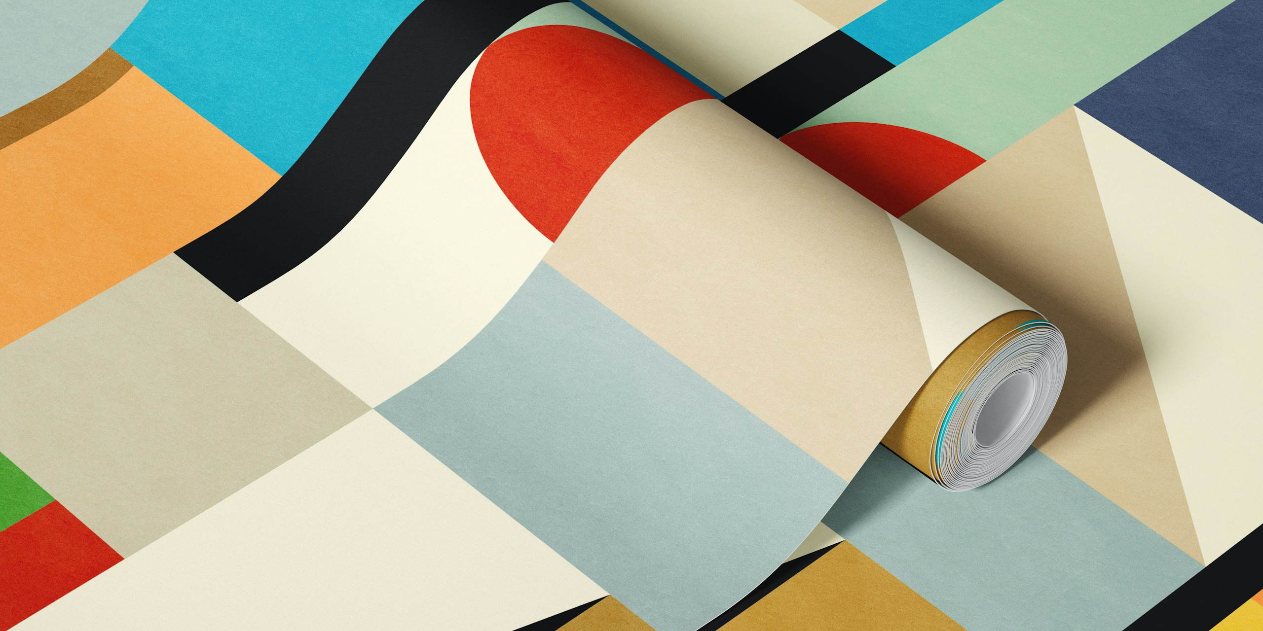 Colorful abstract geometric wallpaper displayed in a room