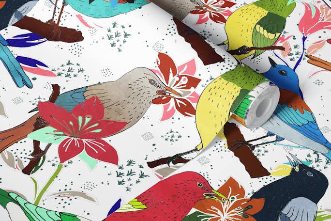 Maximalistic pattern of colorful birdswallpaper roll