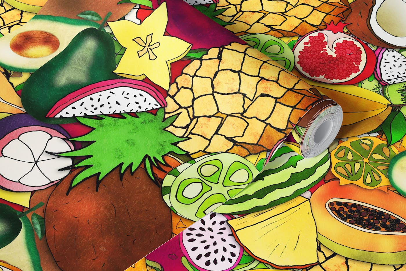 Maximalist Tropical Fruit Salad wallpaper roll