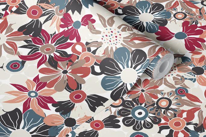 Maximalist Floral Pattern Beige Fuchsiawallpaper roll