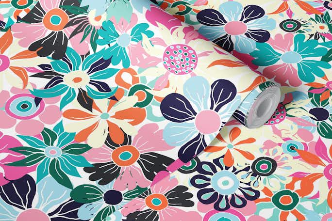 Maximalist Floral Pattern Pinks and Greenswallpaper roll