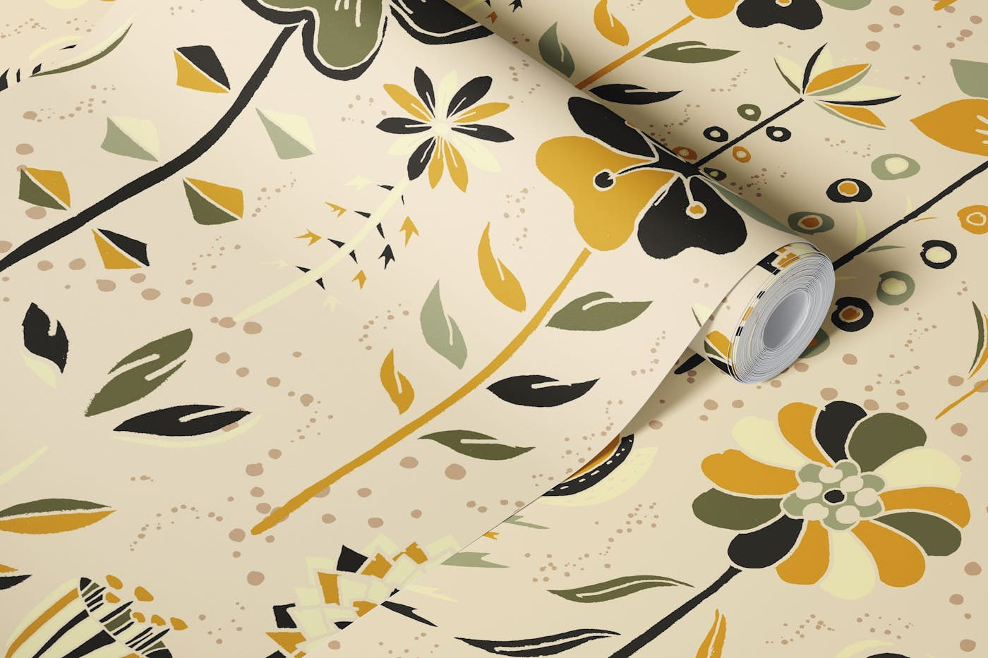 Pattern of Yellow and Olive Green Scandinavian Flowers wallpaper roll