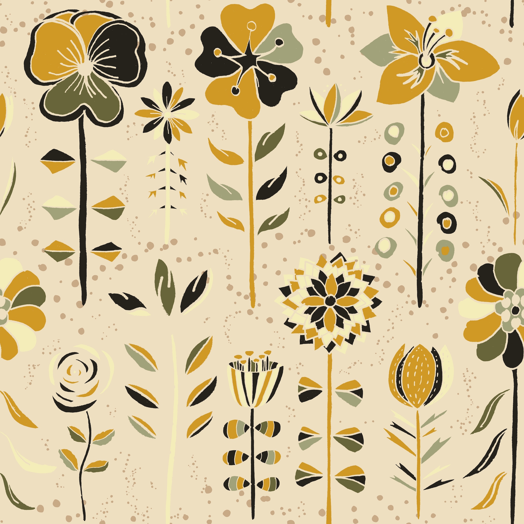 Yellow and Olive Green Scandinavian Flowers Wallpaper Happywall