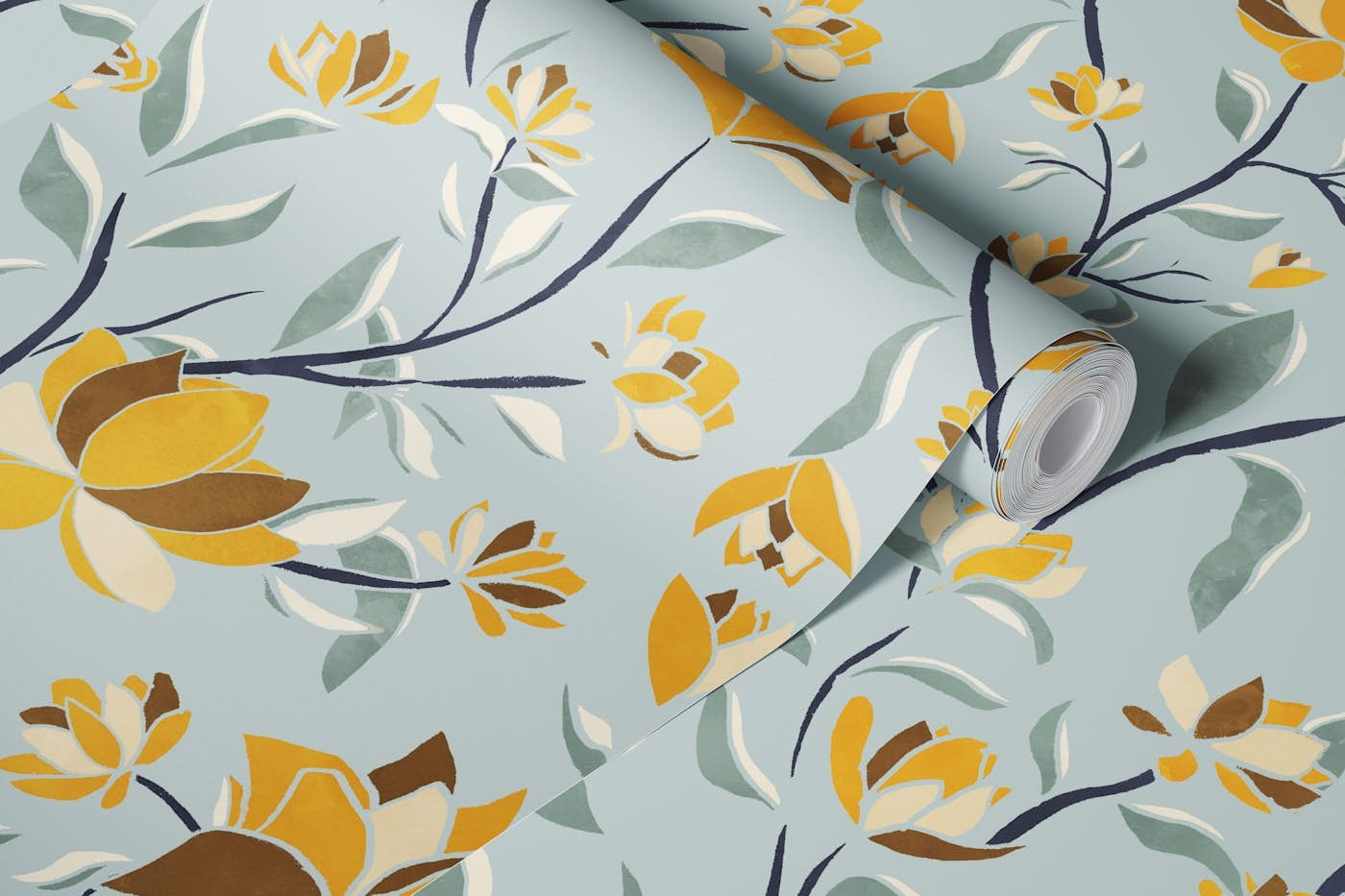 Mustard Blue Maximalist Folk Floral Garden wallpaper roll