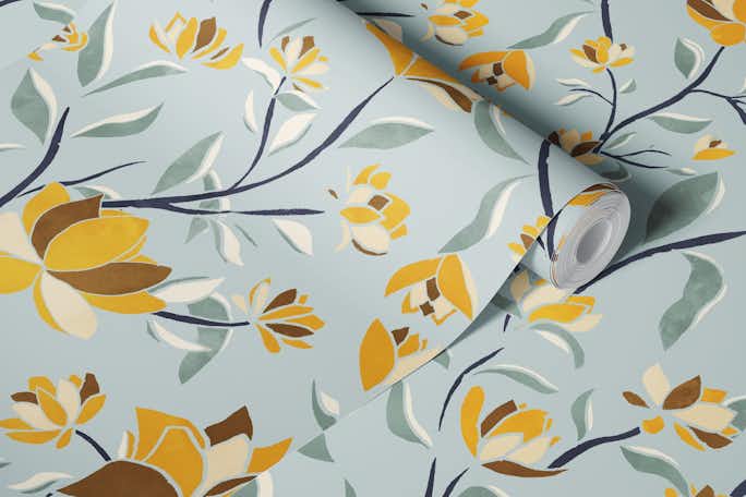 Mustard Blue Maximalist Folk Floral Gardenwallpaper roll