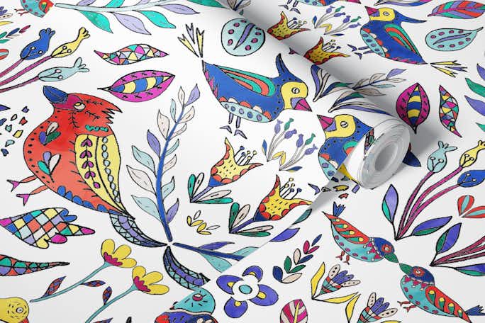 Colorful Maximalist Scandinavian Flowers and Birds Pattern Whitewallpaper roll