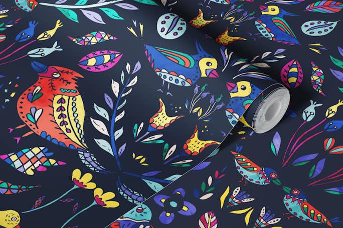 Colorful Maximalist Scandinavian Flowers and Birds Patternwallpaper roll